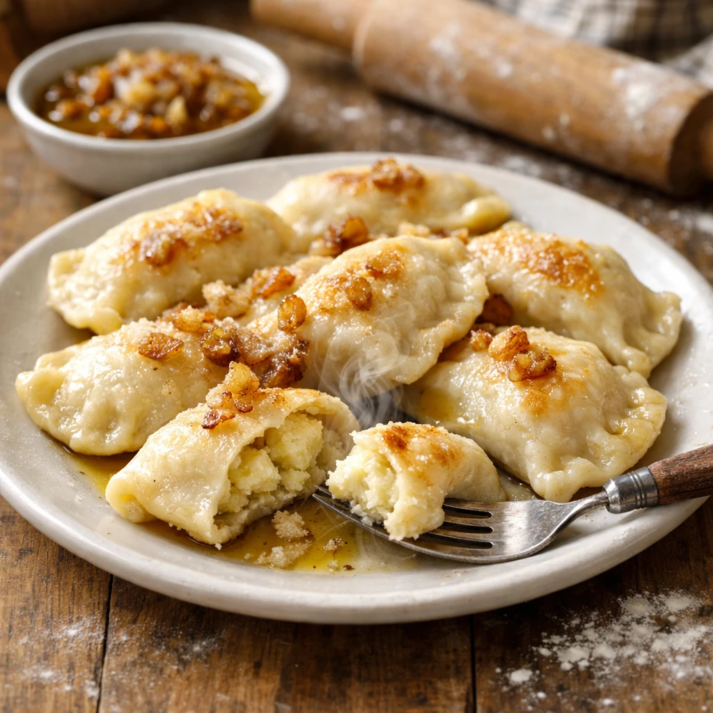 Plate of handmade Polish pierogi dumplings