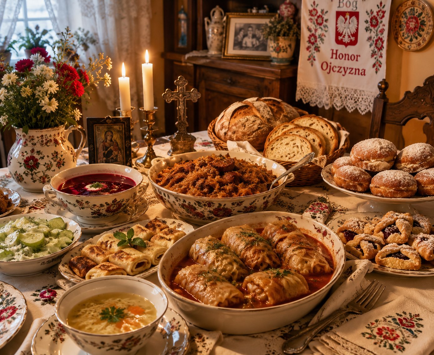 A traditional Polish holiday table spread with bread, soup, and dumplings